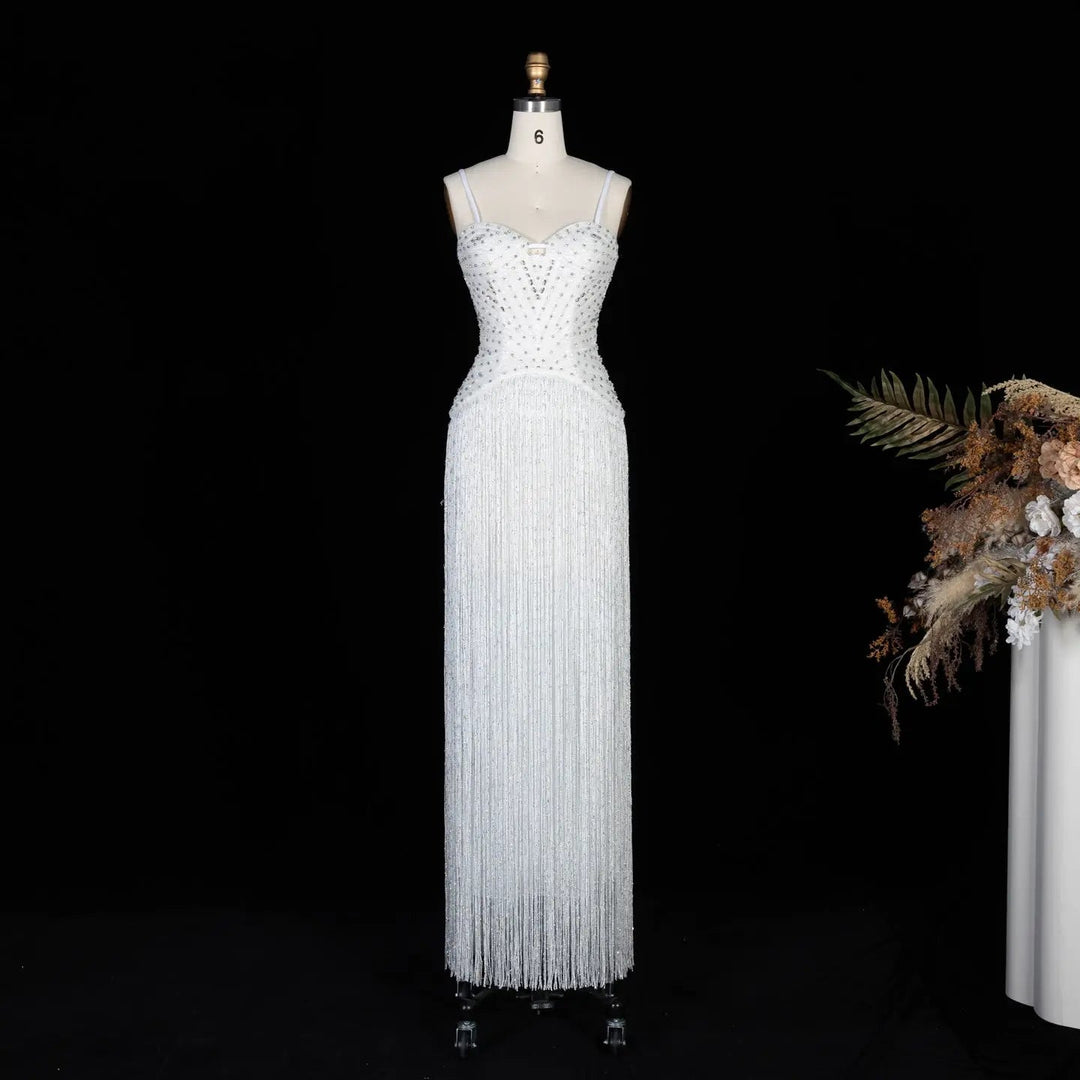 Luxury Yellow Beaded Fringe Evening Dress with Spaghetti Straps SS522