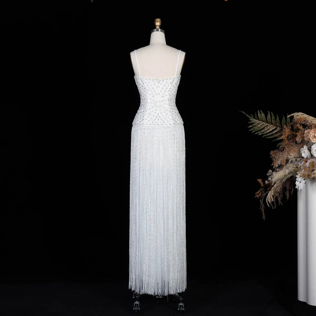 Luxury Yellow Beaded Fringe Evening Dress with Spaghetti Straps SS522