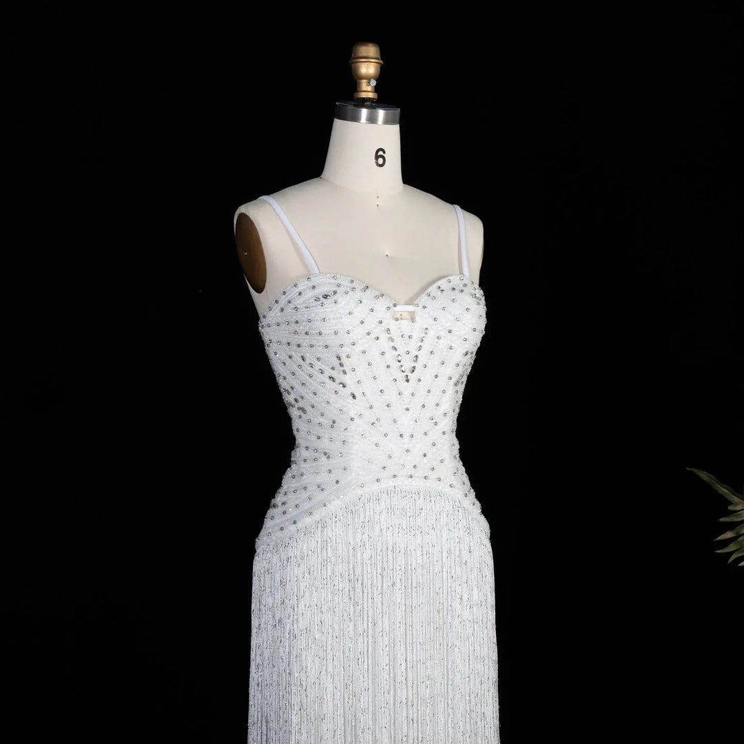Luxury Yellow Beaded Fringe Evening Dress with Spaghetti Straps SS522