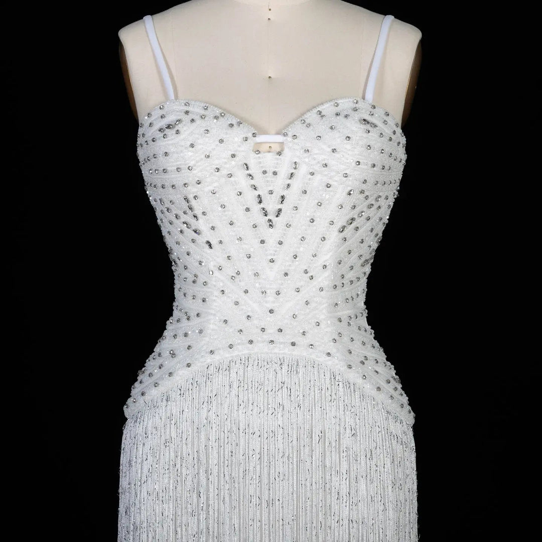 Luxury Yellow Beaded Fringe Evening Dress with Spaghetti Straps SS522