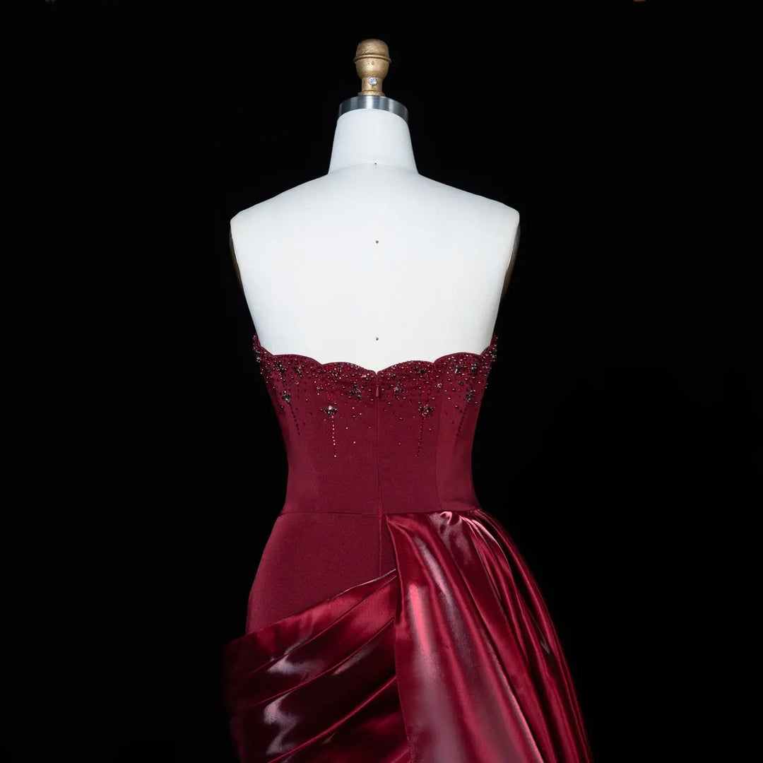 Luxury Wine Red Off-Shoulder Evening Gown with Long Train Beaded Bodice SS608