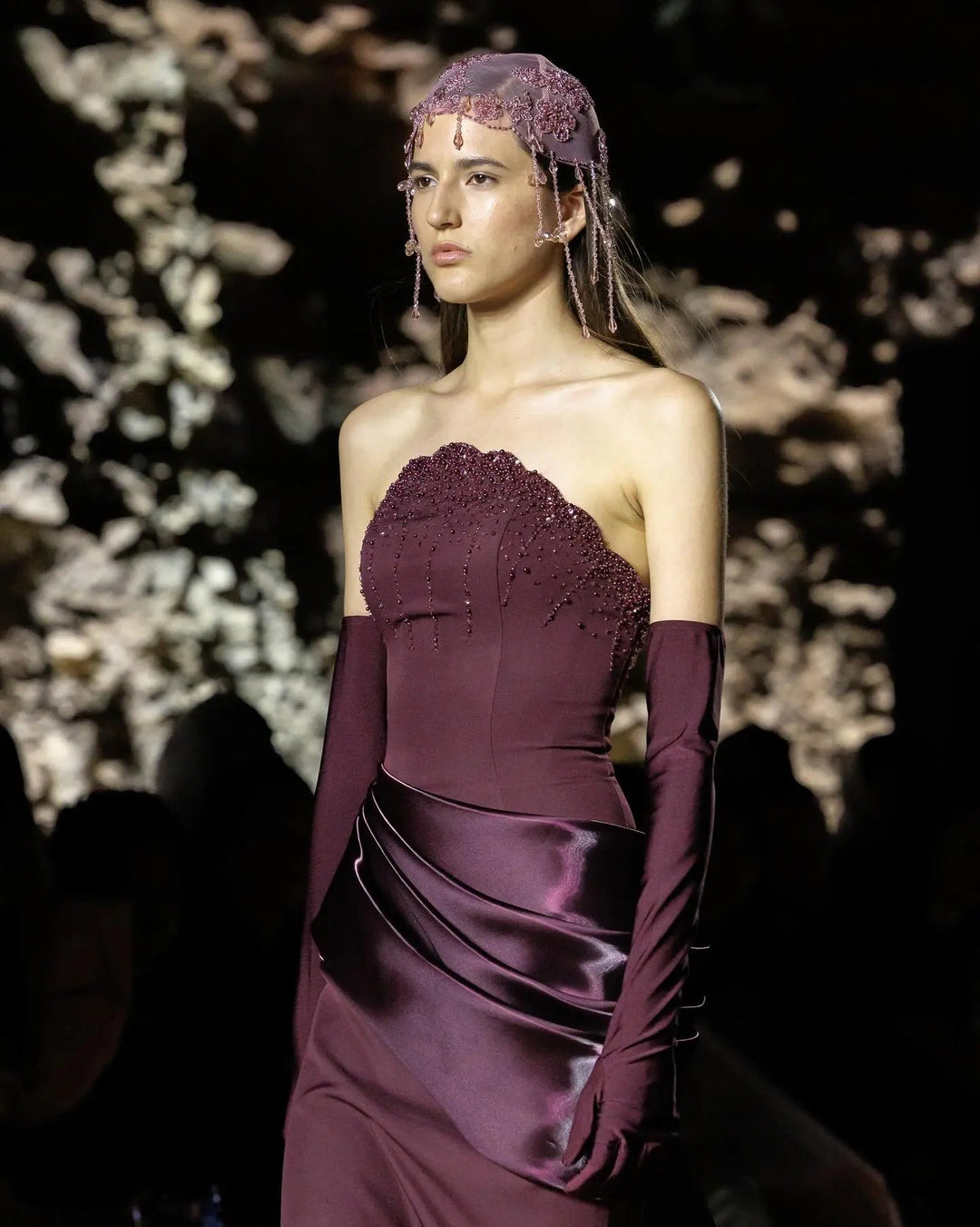Luxury Wine Red Off-Shoulder Evening Gown with Long Train Beaded Bodice SS608