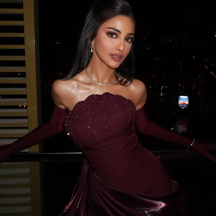 Luxury Wine Red Off-Shoulder Evening Gown with Long Train Beaded Bodice SS608