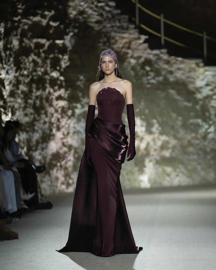Luxury Wine Red Off-Shoulder Evening Gown with Long Train Beaded Bodice SS608