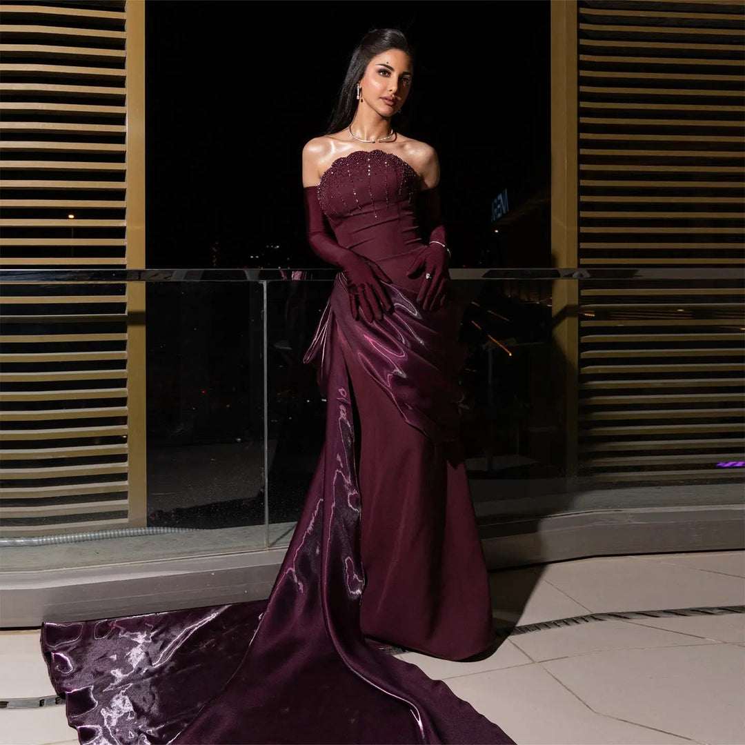 Luxury Wine Red Off-Shoulder Evening Gown with Long Train Beaded Bodice SS608