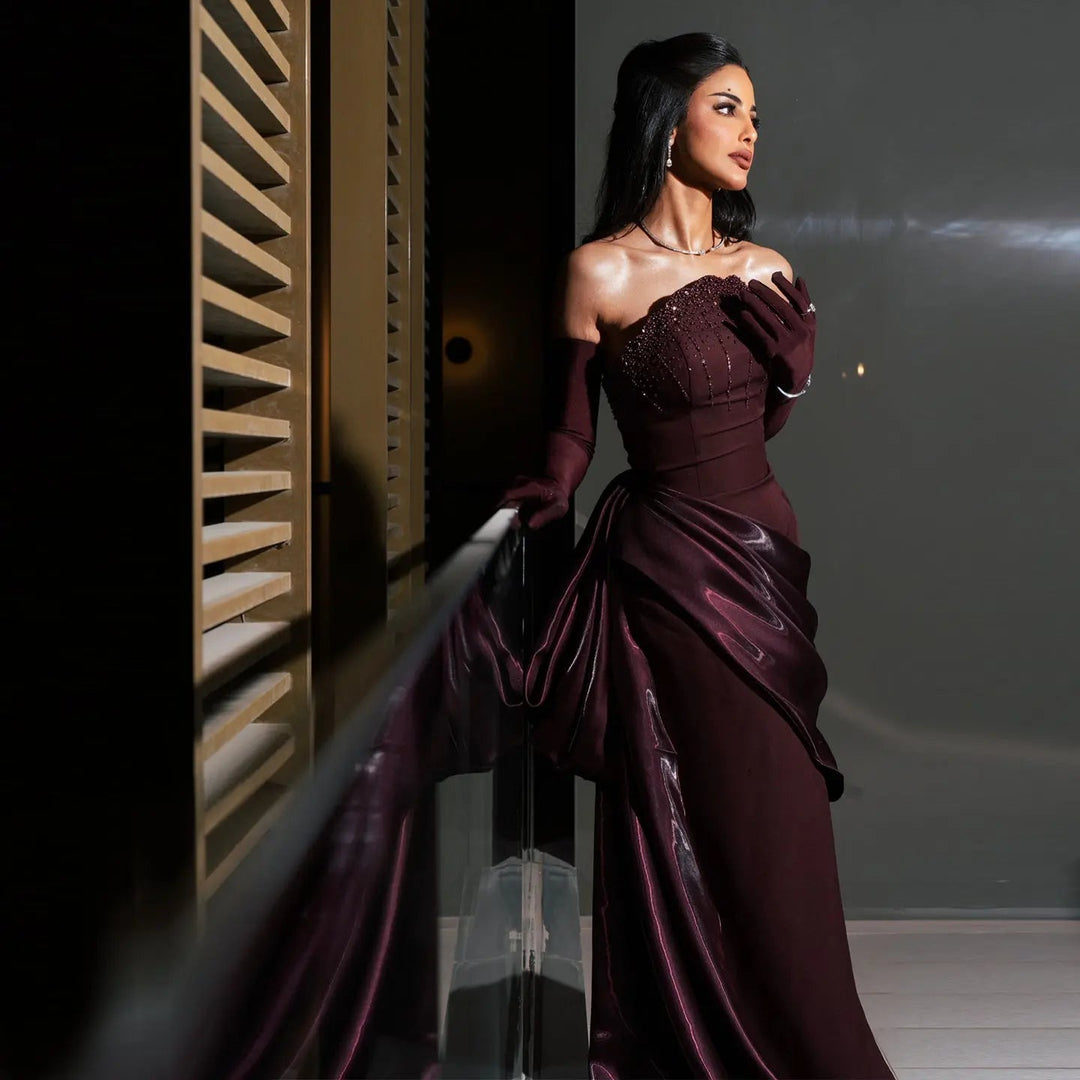 Luxury Wine Red Off-Shoulder Evening Gown with Long Train Beaded Bodice SS608