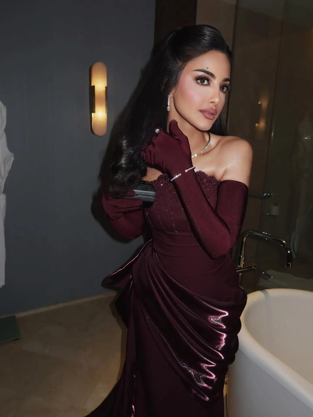 Luxury Wine Red Off-Shoulder Evening Gown with Long Train Beaded Bodice SS608