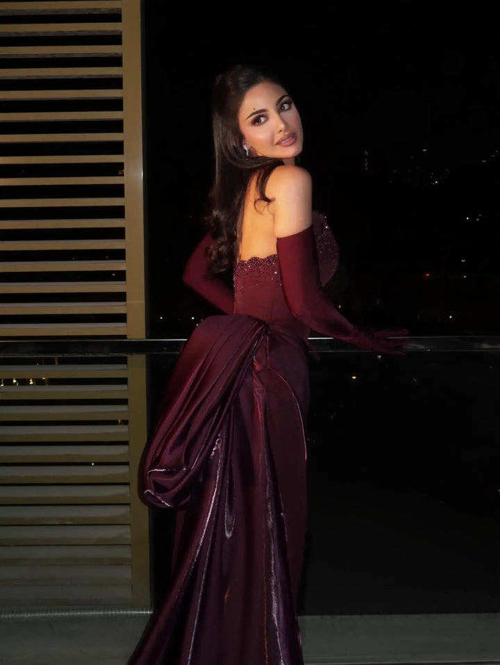 Luxury Wine Red Off-Shoulder Evening Gown with Long Train Beaded Bodice SS608