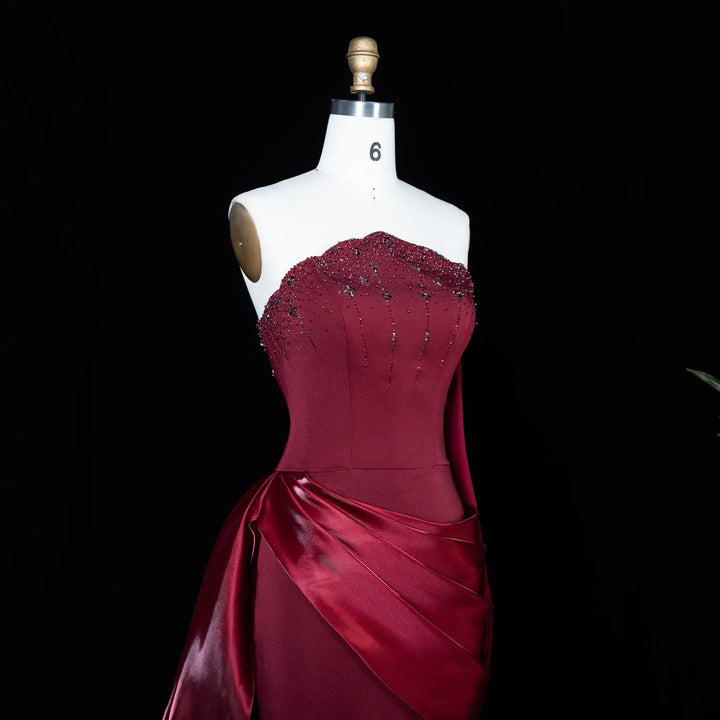 Luxury Wine Red Off-Shoulder Evening Gown with Long Train Beaded Bodice SS608