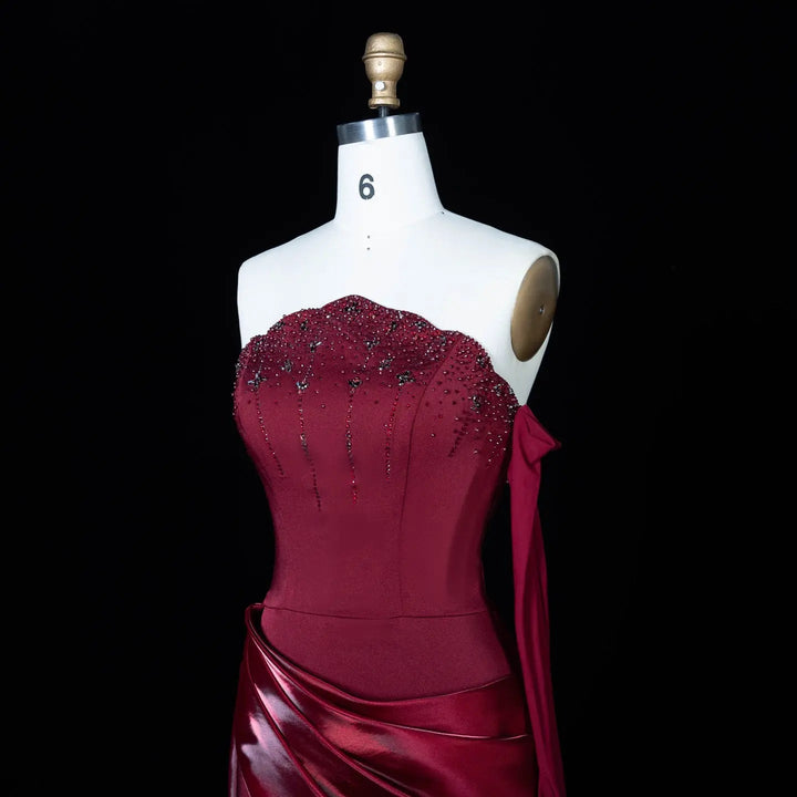 Luxury Wine Red Off-Shoulder Evening Gown with Long Train Beaded Bodice SS608