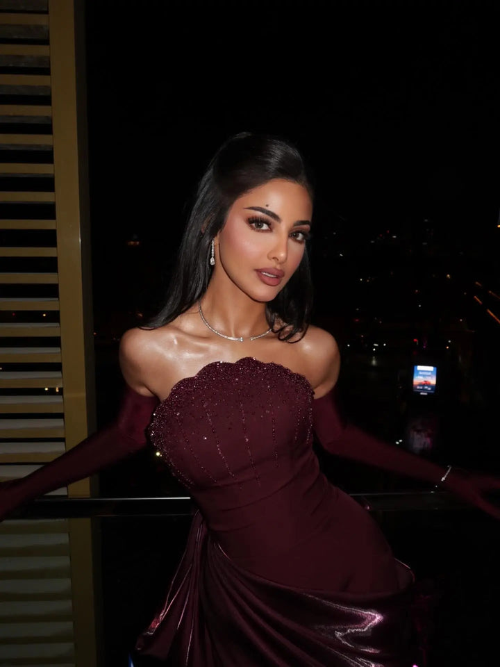 Luxury Wine Red Off-Shoulder Evening Gown with Long Train Beaded Bodice SS608