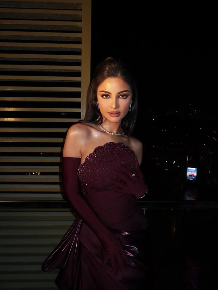 Luxury Wine Red Off-Shoulder Evening Gown with Long Train Beaded Bodice SS608