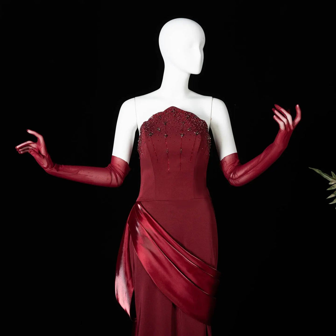 Luxury Wine Red Off-Shoulder Evening Gown with Long Train Beaded Bodice SS608
