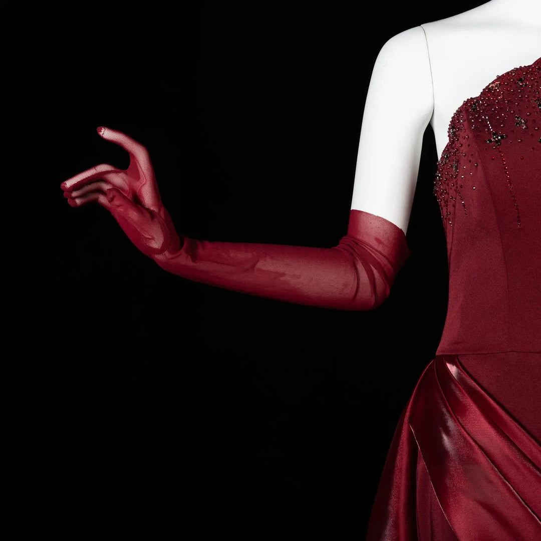 Luxury Wine Red Off-Shoulder Evening Gown with Long Train Beaded Bodice SS608