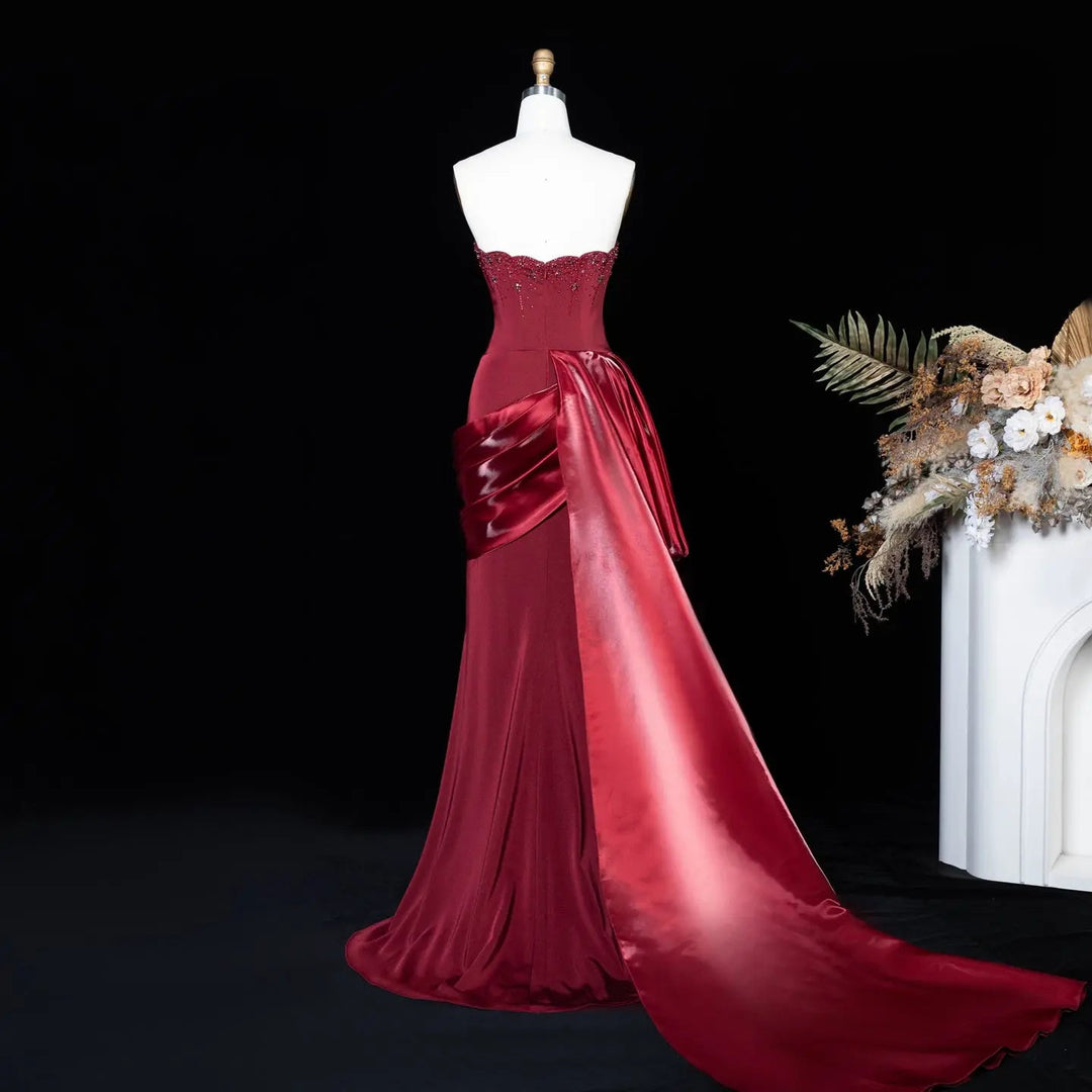 Luxury Wine Red Off-Shoulder Evening Gown with Long Train Beaded Bodice SS608
