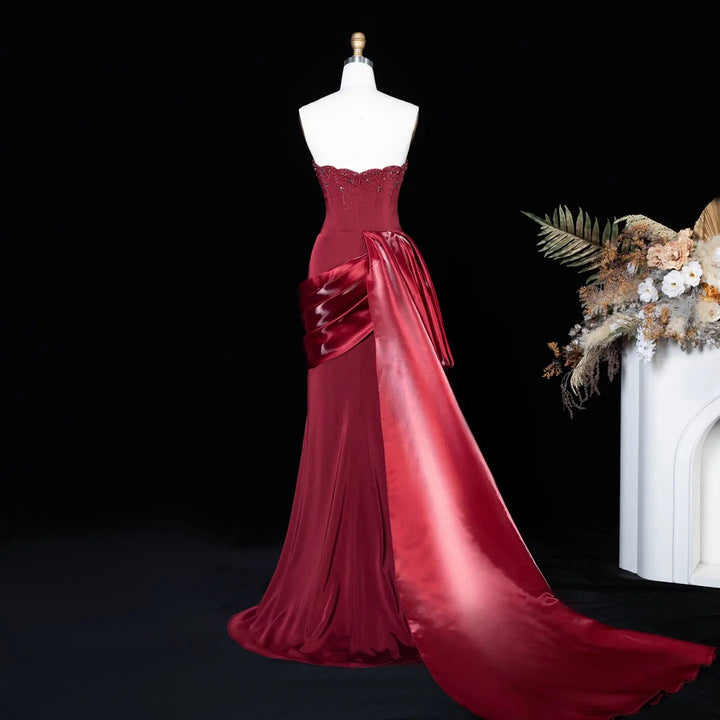 Luxury Wine Red Off-Shoulder Evening Gown with Long Train Beaded Bodice SS608