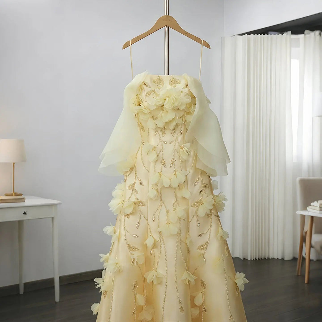 Elegant Off-Shoulder Yellow Evening Dress with 3D Floral Appliques Train SS505