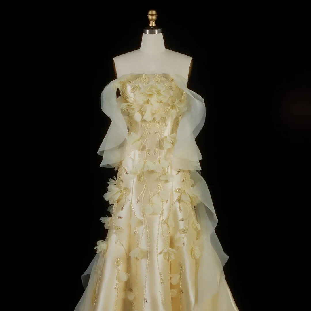 Elegant Off-Shoulder Yellow Evening Dress with 3D Floral Appliques Train SS505