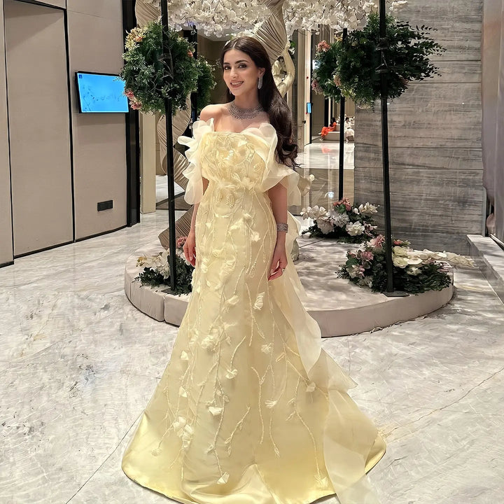 Elegant Off-Shoulder Yellow Evening Dress with 3D Floral Appliques Train SS505