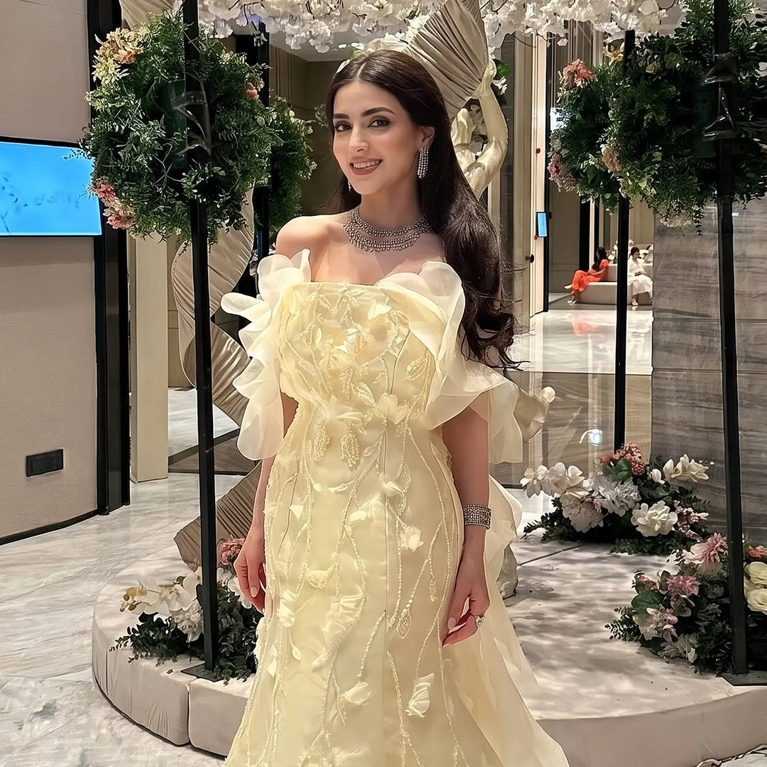 Elegant Off-Shoulder Yellow Evening Dress with 3D Floral Appliques Train SS505