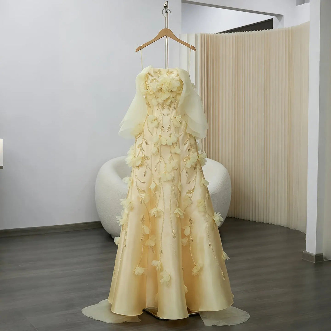 Elegant Off-Shoulder Yellow Evening Dress with 3D Floral Appliques Train SS505