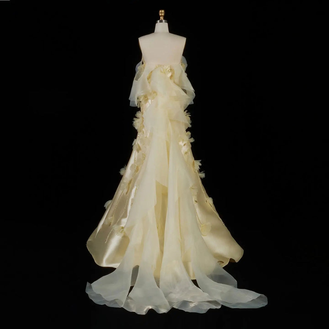 Elegant Off-Shoulder Yellow Evening Dress with 3D Floral Appliques Train SS505