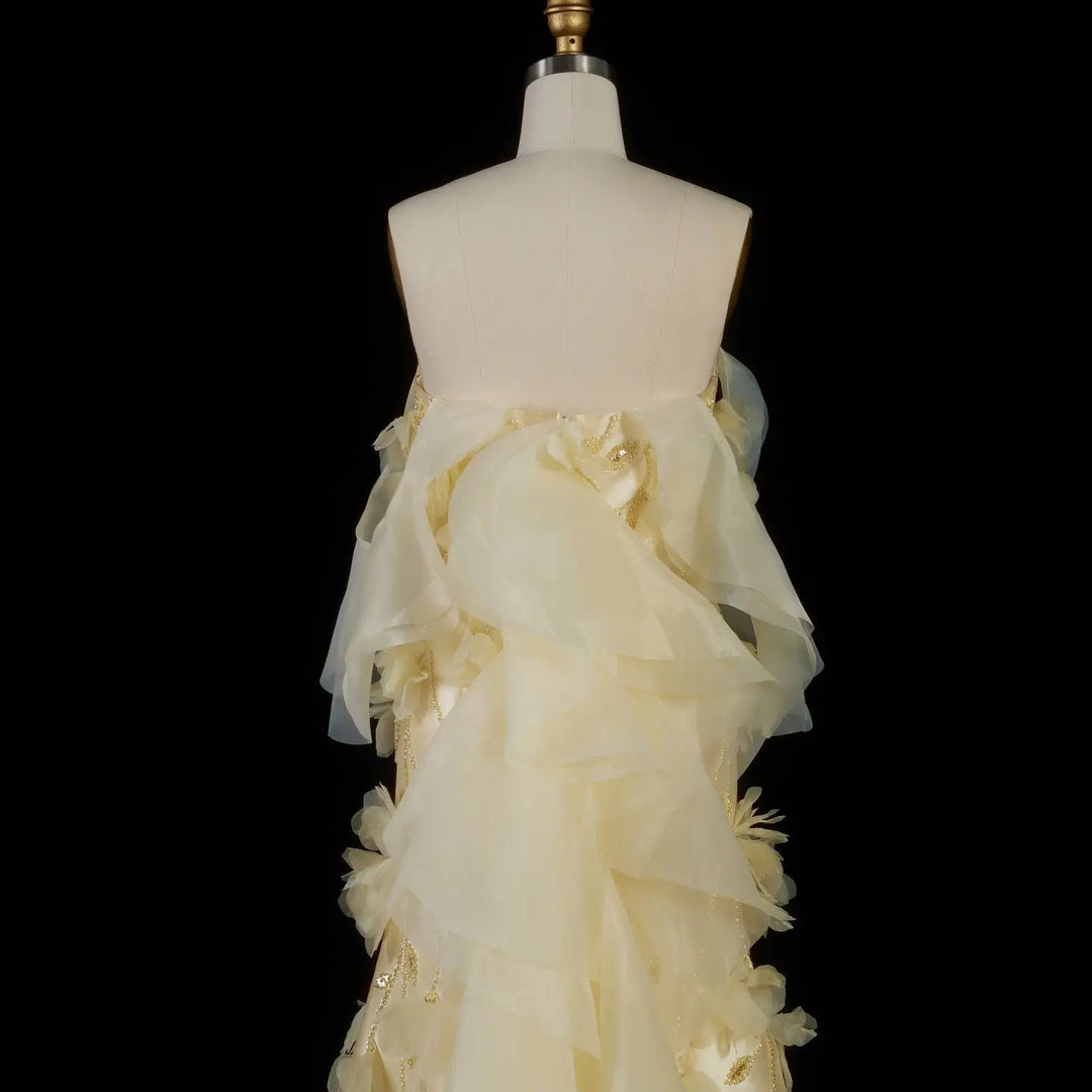 Elegant Off-Shoulder Yellow Evening Dress with 3D Floral Appliques Train SS505