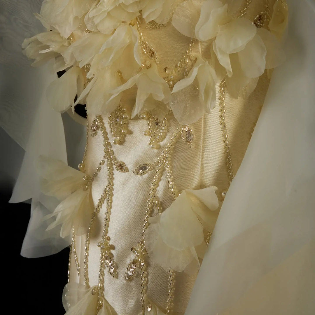 Elegant Off-Shoulder Yellow Evening Dress with 3D Floral Appliques Train SS505