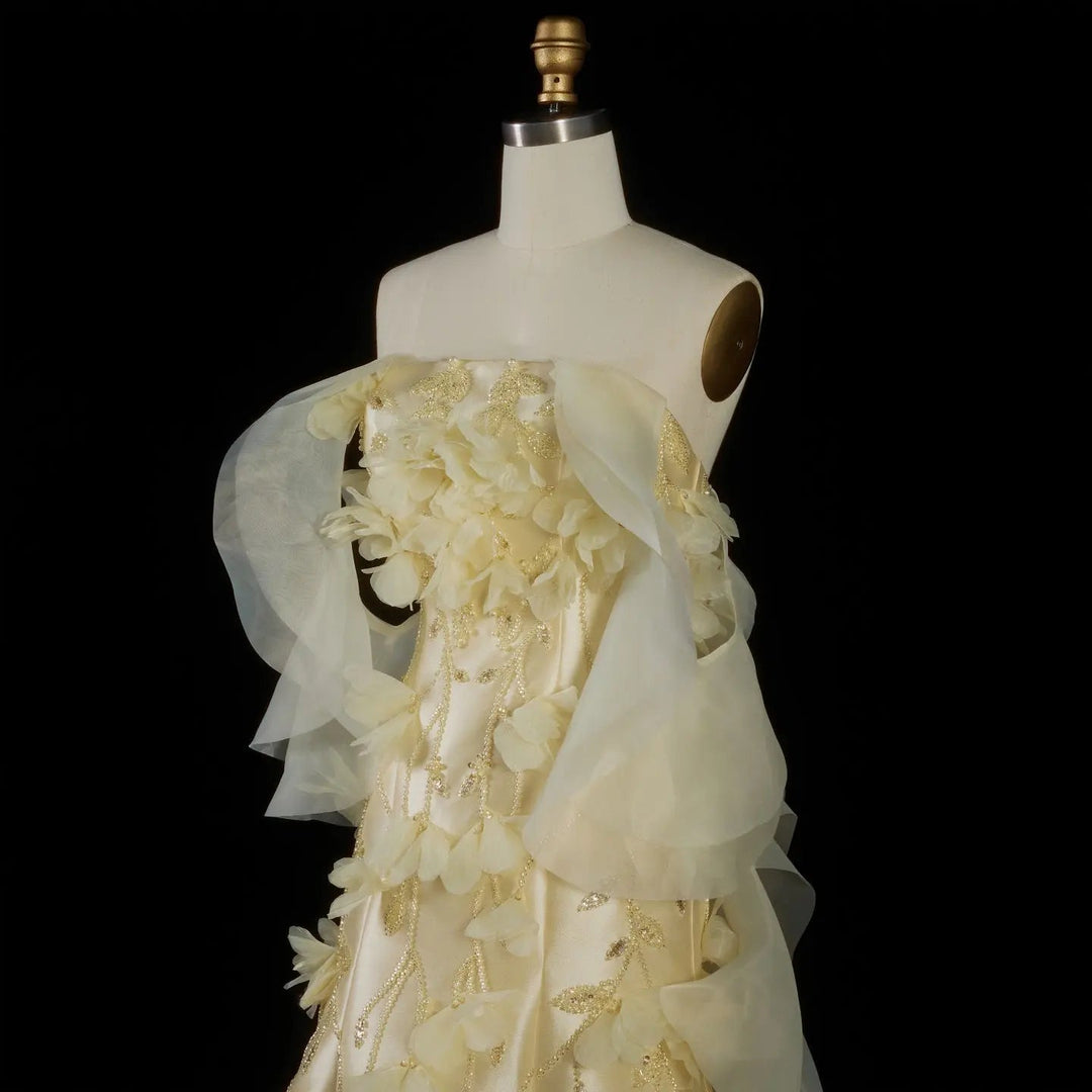 Elegant Off-Shoulder Yellow Evening Dress with 3D Floral Appliques Train SS505