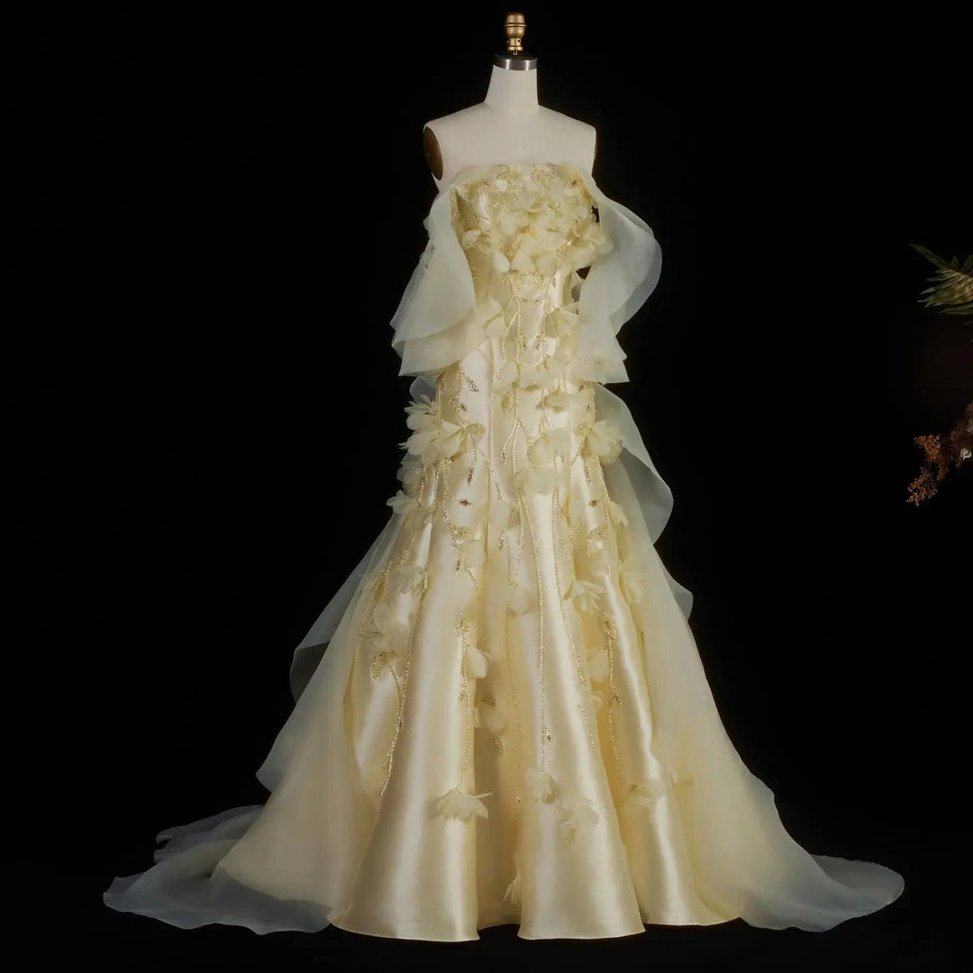 Elegant Off-Shoulder Yellow Evening Dress with 3D Floral Appliques Train SS505