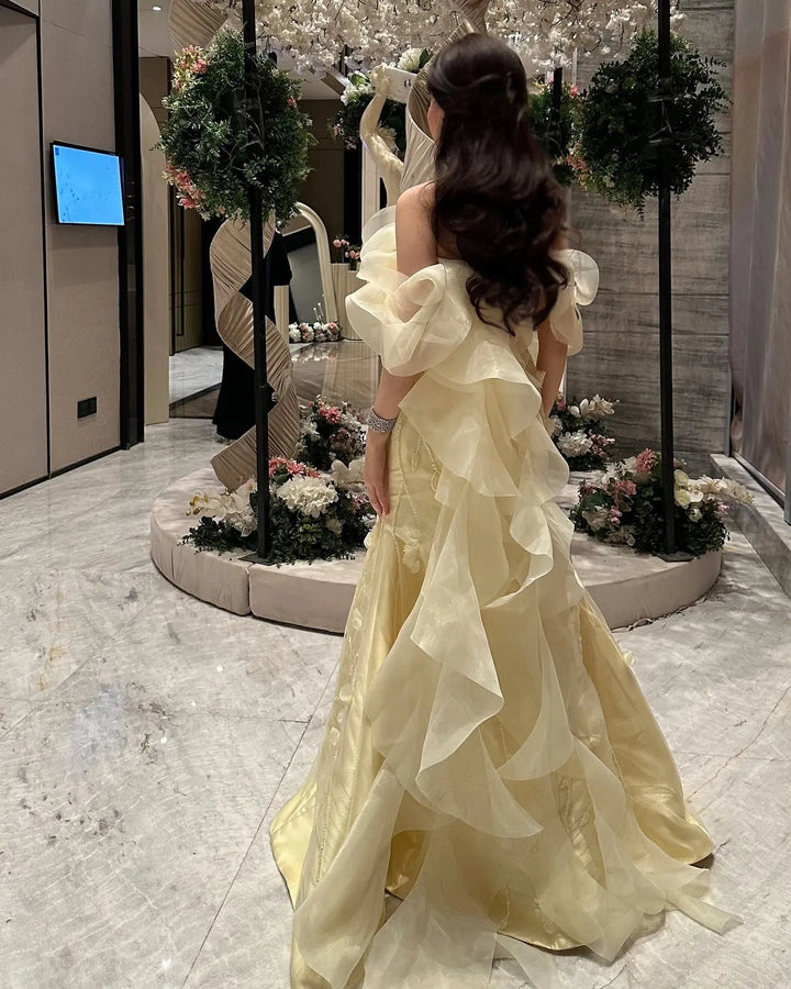 Elegant Off-Shoulder Yellow Evening Dress with 3D Floral Appliques Train SS505