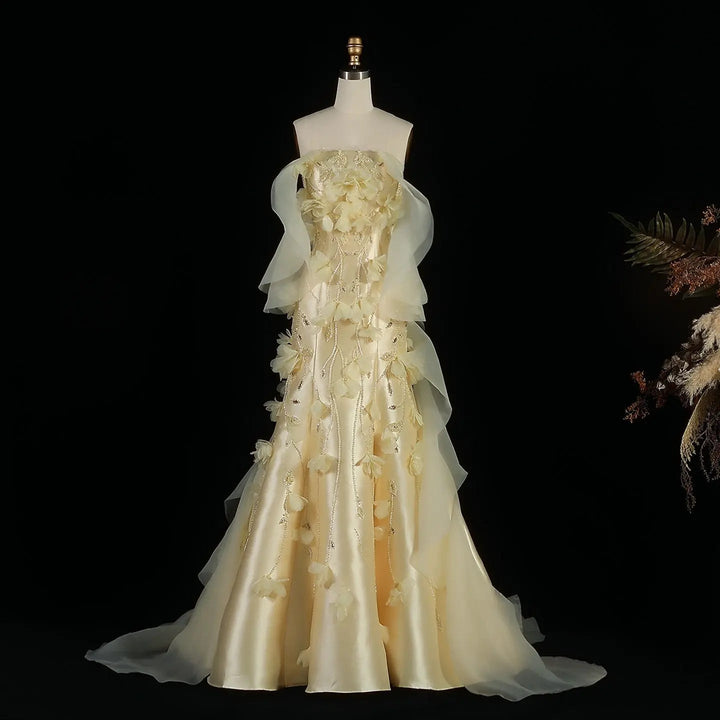 Elegant Off-Shoulder Yellow Evening Dress with 3D Floral Appliques Train SS505