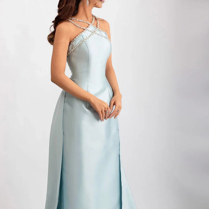 Dreamy Vow Elegant Light Blue Satin Arabic Evening Dress with Overskirt SD048