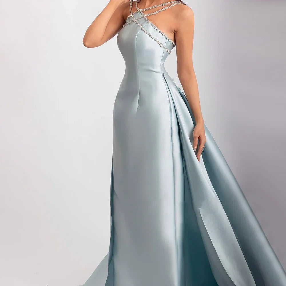Dreamy Vow Elegant Light Blue Satin Arabic Evening Dress with Overskirt SD048