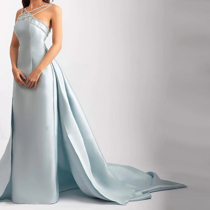 Dreamy Vow Elegant Light Blue Satin Arabic Evening Dress with Overskirt SD048