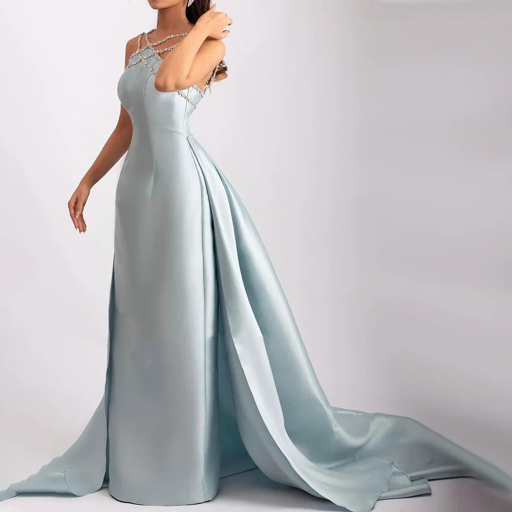 Dreamy Vow Elegant Light Blue Satin Arabic Evening Dress with Overskirt SD048