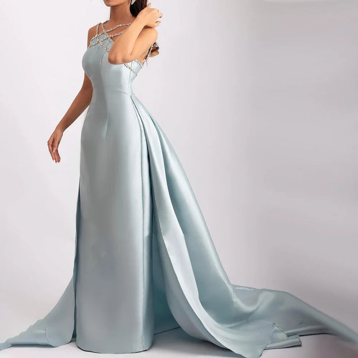 Dreamy Vow Elegant Light Blue Satin Arabic Evening Dress with Overskirt SD048
