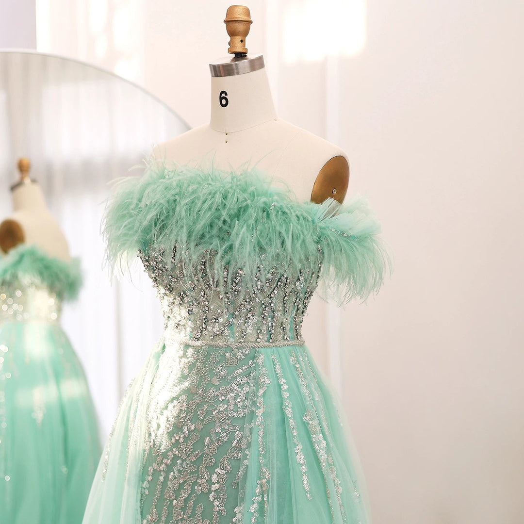 Dubai Feathers Lilac Evening Dress with Overskirt SS252