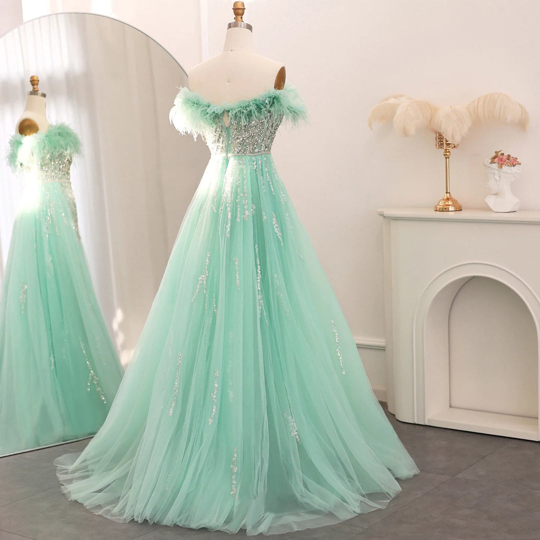 Dubai Feathers Lilac Evening Dress with Overskirt SS252