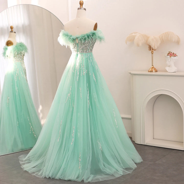 Dubai Feathers Lilac Evening Dress with Overskirt SS252
