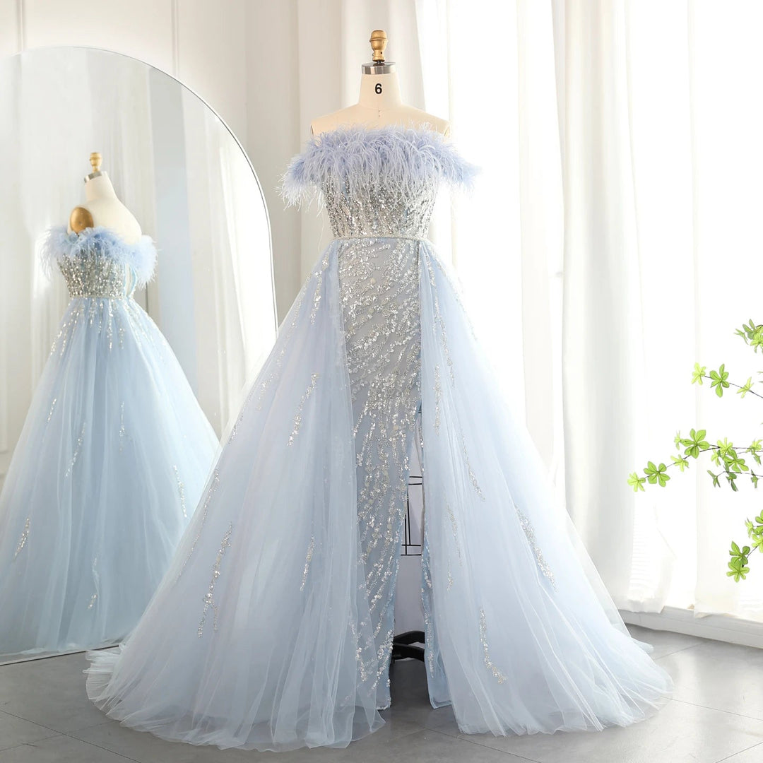 Dubai Feathers Lilac Evening Dress with Overskirt SS252