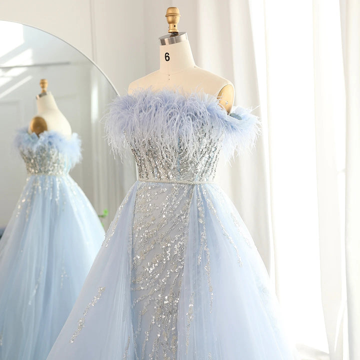 Dubai Feathers Lilac Evening Dress with Overskirt SS252
