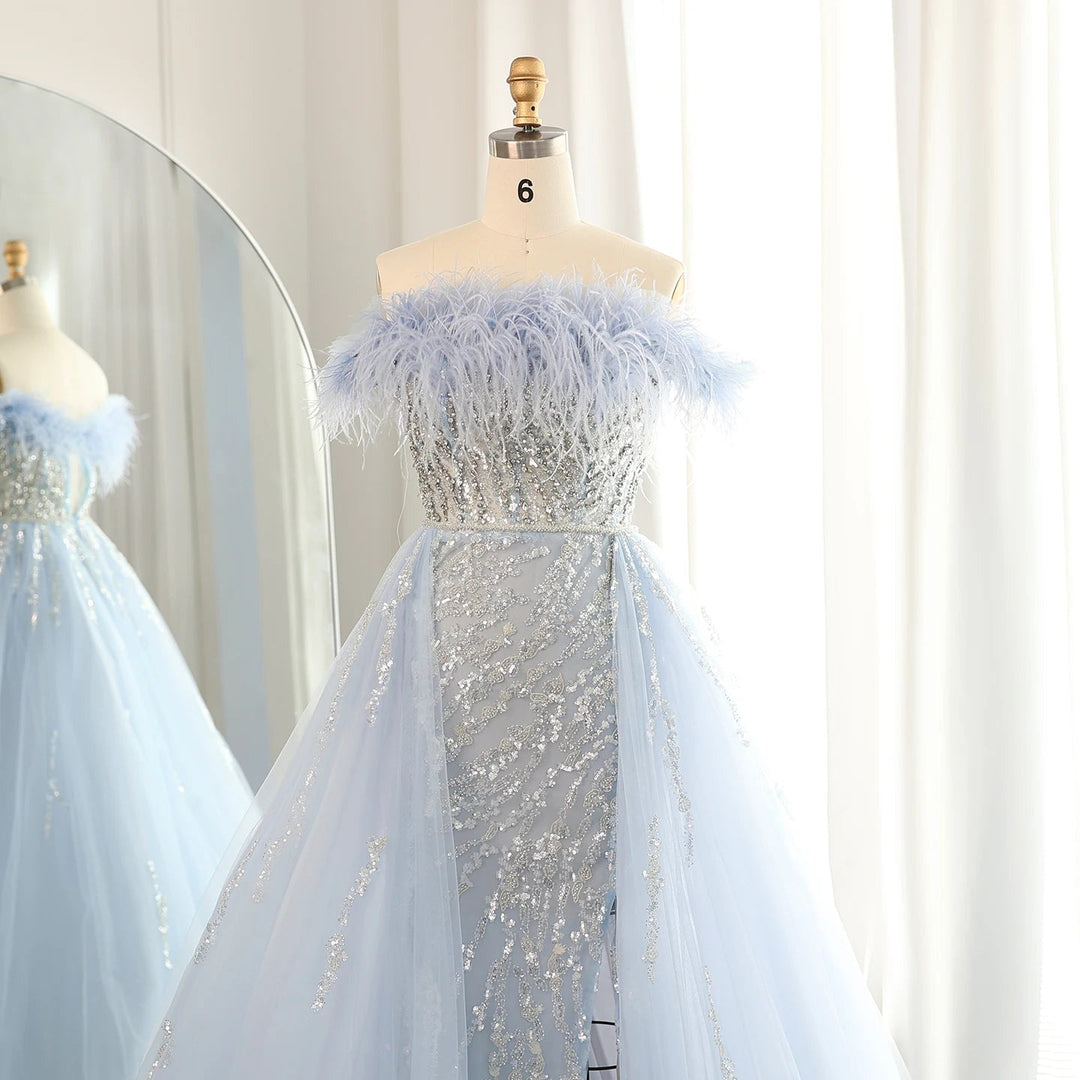 Dubai Feathers Lilac Evening Dress with Overskirt SS252