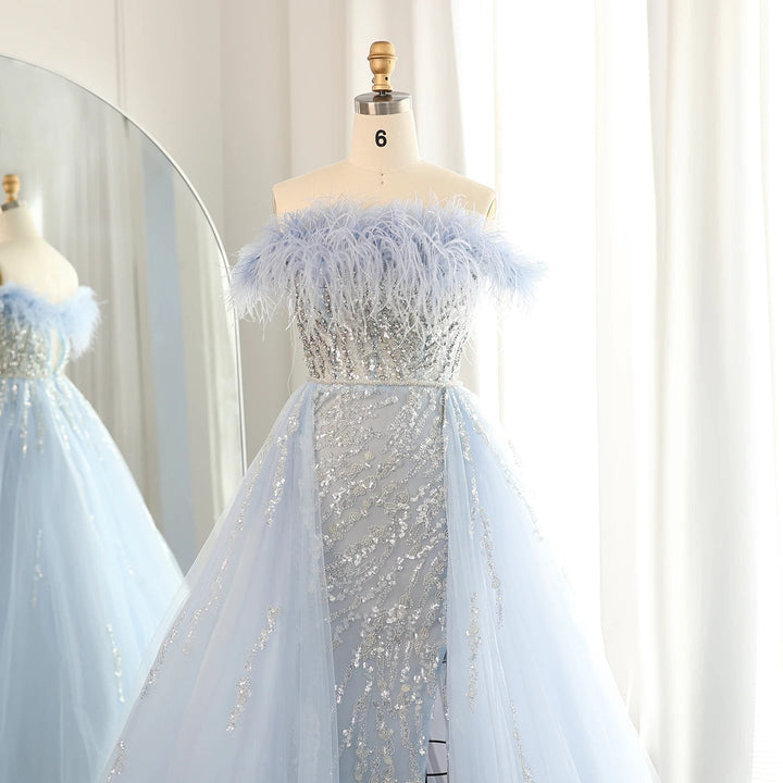 Dubai Feathers Lilac Evening Dress with Overskirt SS252