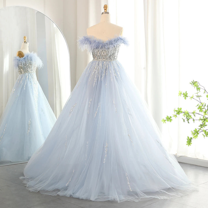 Dubai Feathers Lilac Evening Dress with Overskirt SS252