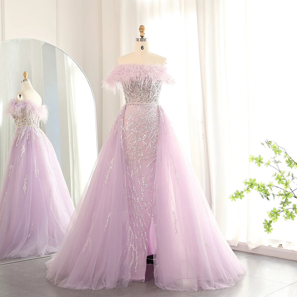Dubai Feathers Lilac Evening Dress with Overskirt SS252