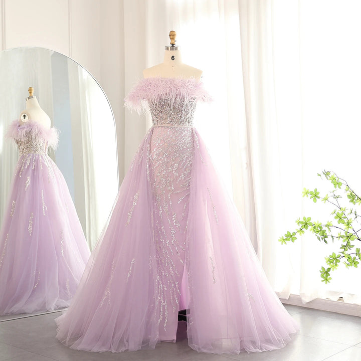 Dubai Feathers Lilac Evening Dress with Overskirt SS252