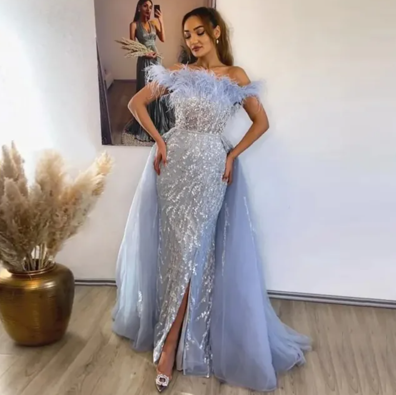 Dubai Feathers Lilac Evening Dress with Overskirt SS252