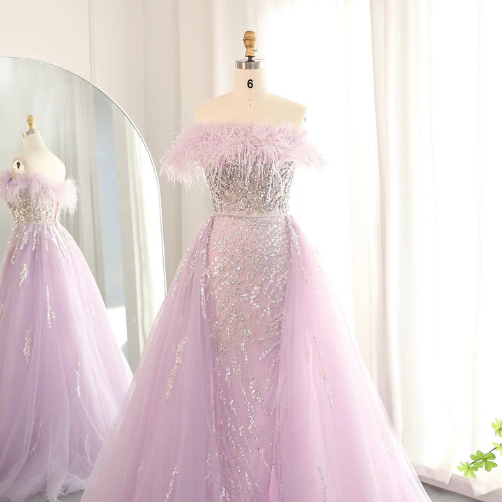 Dubai Feathers Lilac Evening Dress with Overskirt SS252