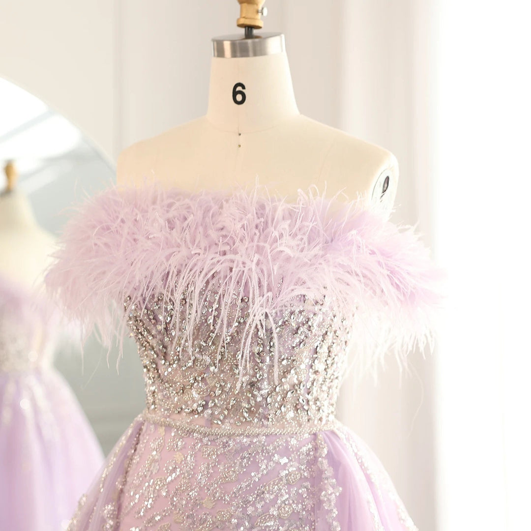 Dubai Feathers Lilac Evening Dress with Overskirt SS252